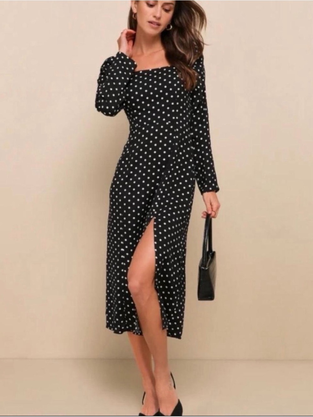 Lulus Charmed and Classy Black Polka Dot Long Sleeve Midi Dress Slit Sz S